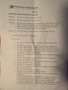Agenda for the Glamorgan Pub Planning Appeal 14th January 2025> Set outs the planning issues that were discussed during the day, starting with character